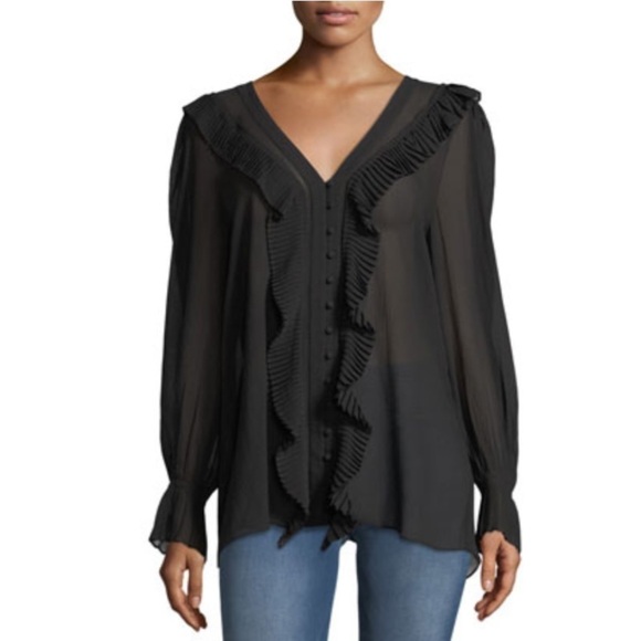 FRAME SILK FLOWY ROMANTIC BLACK RUFFLE BLOUSE SIZE SMALL OVERSIZED - Picture 1 of 5